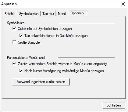 Symbolleiste Optionen
